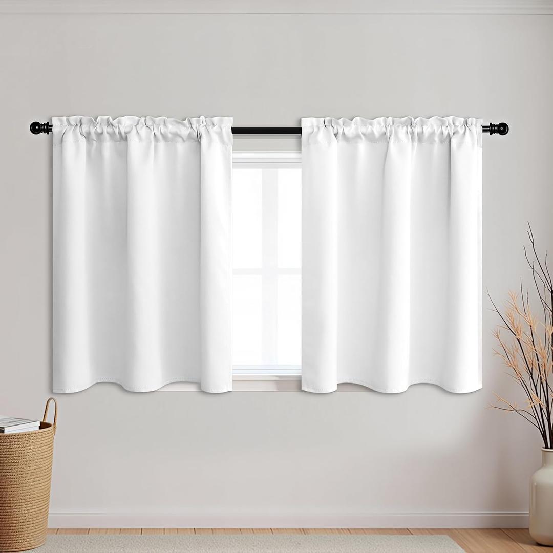 KOUFALL Small Window Curtains White Short 24 Inch Length Semi Blackout for Kitchen Bathroom Door Laundry Room