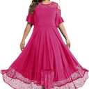LALAGEN Women Dress Plus Size Cold Shoulder Lace Casual Swing Evening Party Formal Maxi Dresses Rose Red 2X