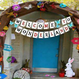 Resurhang 8 Pcs Wonderland Tea Party Decorations 2 6.6ft Welcome to Wonderland Hanging Banners with 6 3D Blue Butterflies Poker Cards Garlands for Birthday Onederland Baby Shower Party Supplies