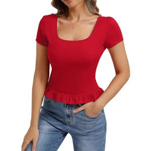 Belle Poque 2026 Summer Cute Tops for Women Short Sleeve Crop Tops Square Neck Ruffle Hem T Shirts (Red, L)
