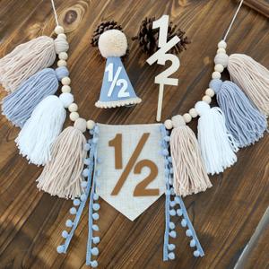 Half Birthday Boy Decorations,Blue 1/2 Birthday High Chair Banner With Cone Hat And Half Cake Topper,Half Way To One Decorations Kit For Baby Boy,Happy 6 Month Party Photoshoot Props