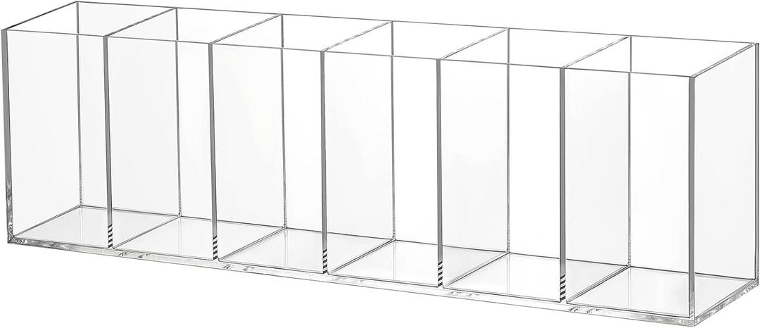 Jetec Acrylic Pen Holder 6 Compartments Makeup Brush Stationery Organizer Pencil Holder for Desk Accessories, Cosmetic Brushes, Dorm, Home, Bathroom, Kitchen, Office Supplies(Clear)