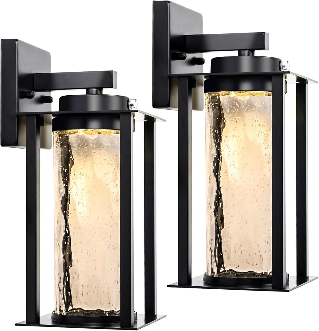 LED Dusk to Dawn Outdoor Light Fixtures - 2 Packs Modern Porch Lighting with Attractive Glass, 13W 3000K LED Exterior Sconce Wall Mount with Photocell Sensor for House Front Garage Door, Waterproof