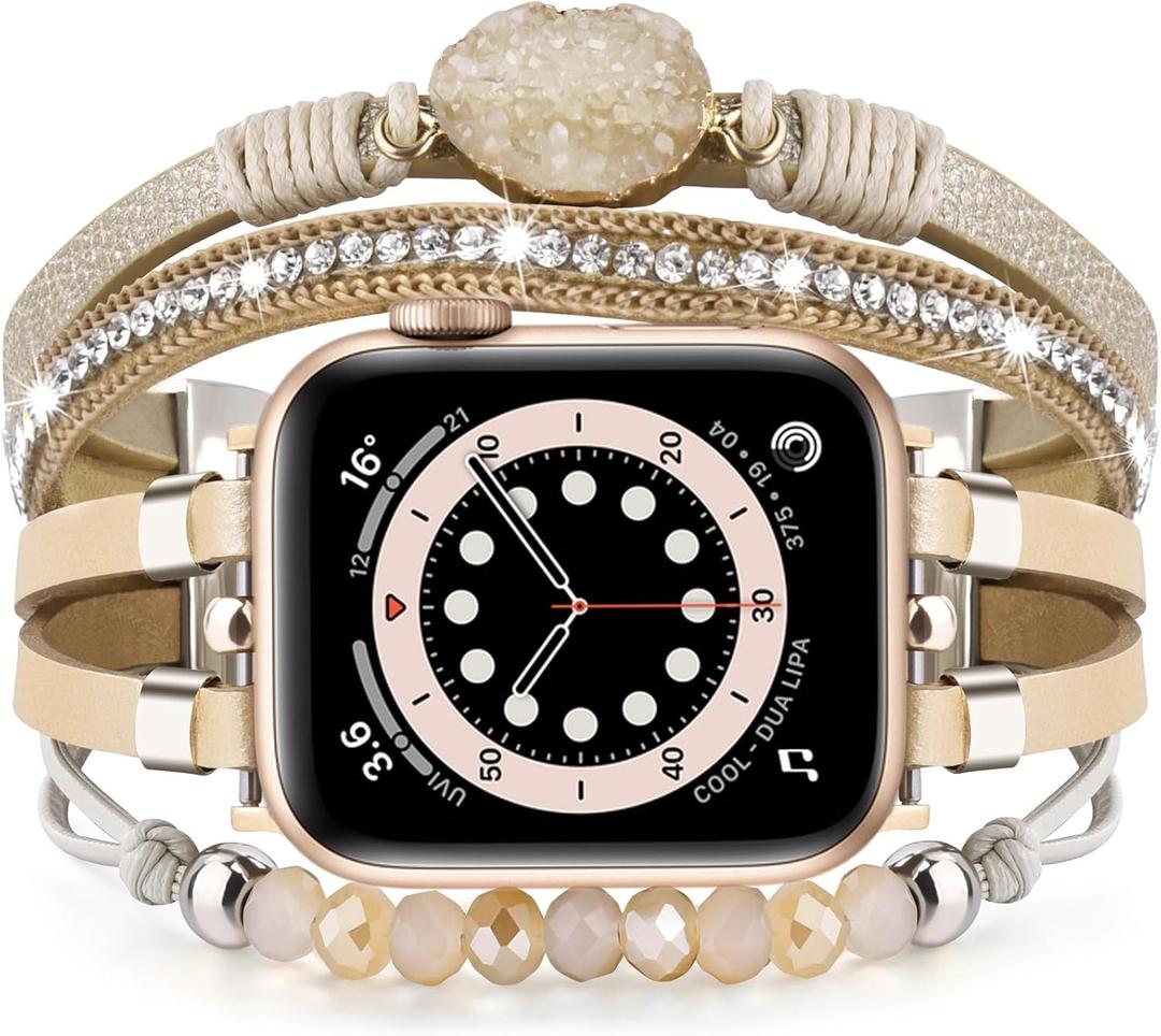 VISOOM Beaded Boho Bracelet Compatible for Apple Watch Band 40mm/38mm/41mm/46mm Series 10 9 8 7 SE Series 6/5/4 Women Leather Fashion Cute Handmade Multilayer Wrap Watch Strap for iWatch Bands 3/2/1 (38mm/40mm/41mm/42mm(series 10), Gold)