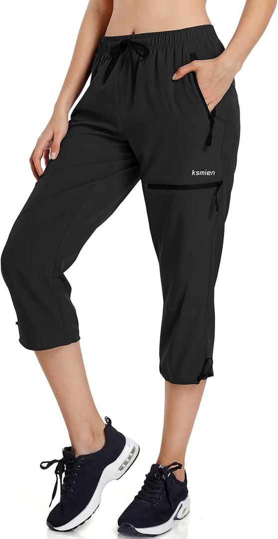 Ksmien Women's Lightweight Hiking Capri Pants Quick Dry Workout Cargo Capris Water Resistant UPF 50+ Zipped Pockets (Black, XXL)