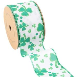 LaRibbons St Patricks Day Ribbon 2.5 Inch x 10 Yards, Green and White Shamrock Ribbon Wired for Crafts Wreath Bow Gift Wrapping DIY Decoration