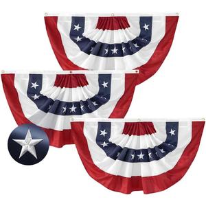 3Pack Pleated Fan Flag, 2x4 Feet Bunting Decoration Flags Embroidered Patriotic Stars & Sewn Stripes Canvas Header Brass Grommets