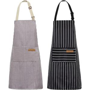 NLUS 2 Pack Kitchen Cooking Aprons, Adjustable Bib Soft Chef Apron with 2 Pockets for Men Women(Black/Brown Stripes)