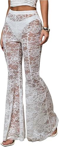 Verdusa Women's Sheer Lace High Waist Flared Leg Pants Bell Bottom Lightweight Summer Outfit (Large, White)