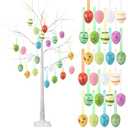 Aurelema 4 ft Easter White Birch Tree with 48 LED Lights, USB Powered Timer, 24 Hanging Easter Egg Ornaments, Tabletop Artificial Tree for Indoor Outdoor Spring Home Decor(Classic)