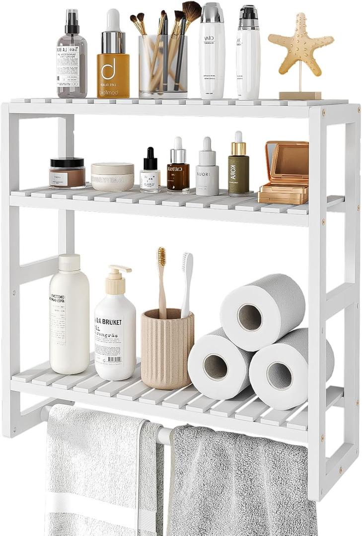 Over The Toilet Storage Bathroom Shelves Wall Mounted 3 Tier Space Saver Corner Shelf Organizer Bamboo Towel Rack Toilet Paper Cabinet with Hanging Rod White (Standard)