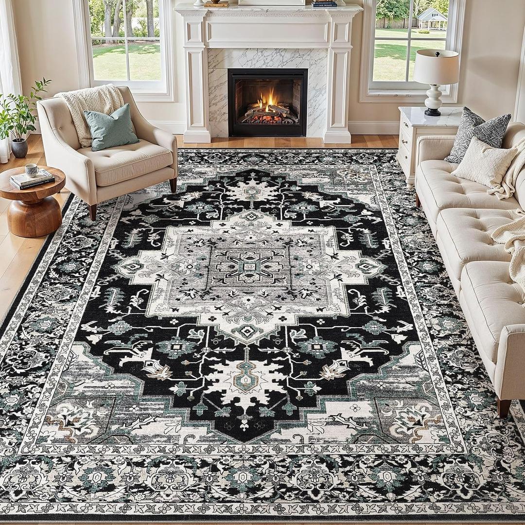 Washable 8x10 Area Rugs Living Room: Vintage Soft Black Grey Rug
