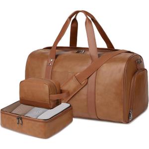 Wogarl 3PCS Faux Leather Weekender Bag for Women Men Large Overnight Bags Travel Duffel with Shoe Compartment Toiletry Packing Cube Carry On Tote Fit 21" Laptop(Light Brown)
