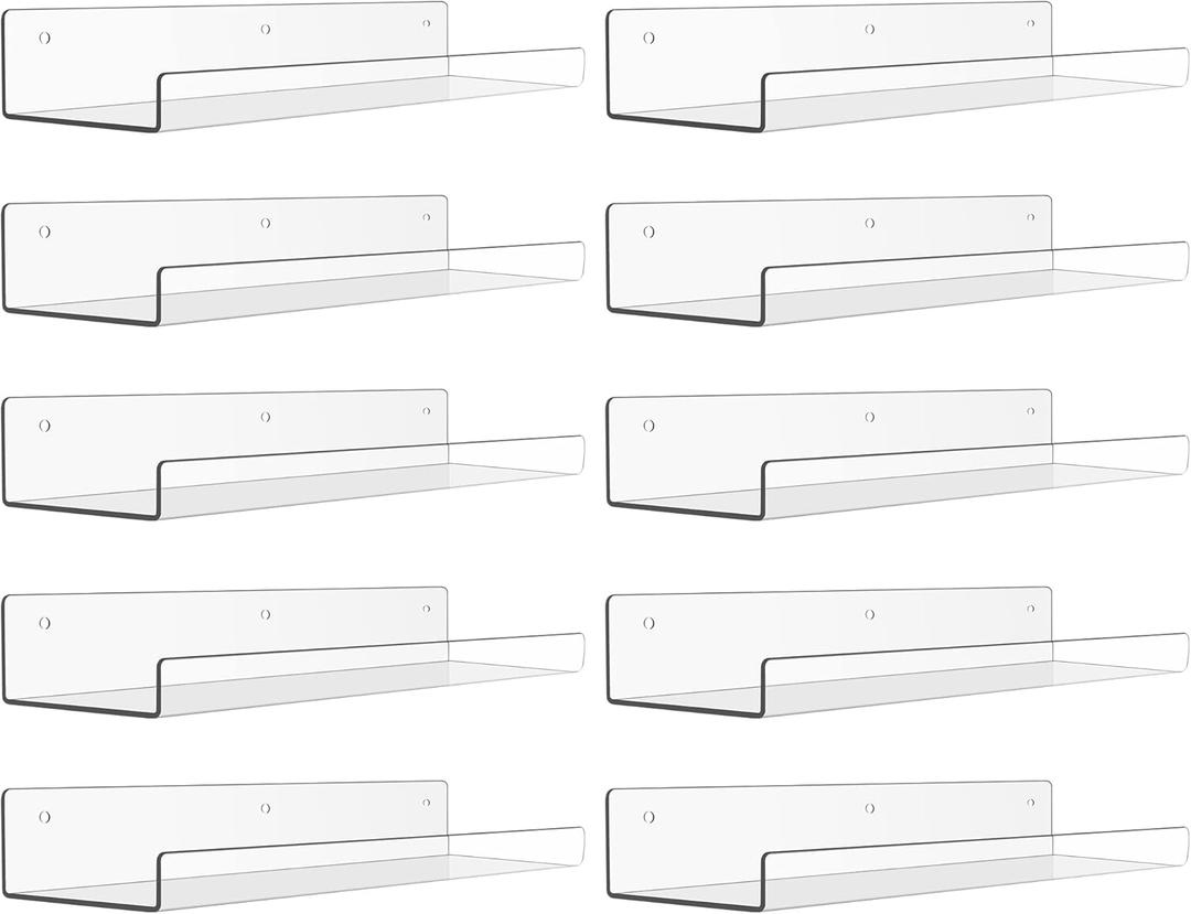 upsimples 10 Pack Acrylic Shelves for Wall Storage, 15" Floating Bookshelves for Kids, Display Shelf Organizer for Bathroom, Bedroom, Living Room Decor, Kitchen, Clear