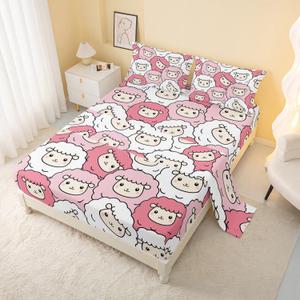 AILONEN Cute Sheep Kids Bedding Set Set Full Size,Cute Sheep Cartoon Animal Bed Sheet Set,4 Piece Pink White Kawaii Girls Fitted Sheet Set,1 Flat Sheet & 1 Fitted Sheet with 2 Pillowcases