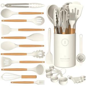 AVGPD Silicone Cooking Utensils Set, Silicone Utensils for Cooking, 446° Heat Resistant Kitchen Utensil Silicone Spatula Sets, Kitchen Gadgets for Non-Stick Cookware BPA FREE (Cream White)