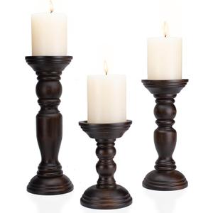 Rustic Wooden Pillar Candle Holders Set of 3, 12'' 9'' 6'' Farmhouse Wood Candle Stand for Table Centerpieces, Vintage Tall Candleholders Fireplace Mantel Decor for Living Room, Dark Brown