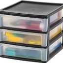IRIS USA Plastic Stacking Desk Top 3-Drawer Storage Organizer, 1-Pack, for Makeup Vanity Nail Polish Bathroom Stationery Art Craft Supplies Kitchen Office Garage and Small Organization, Medium, Black