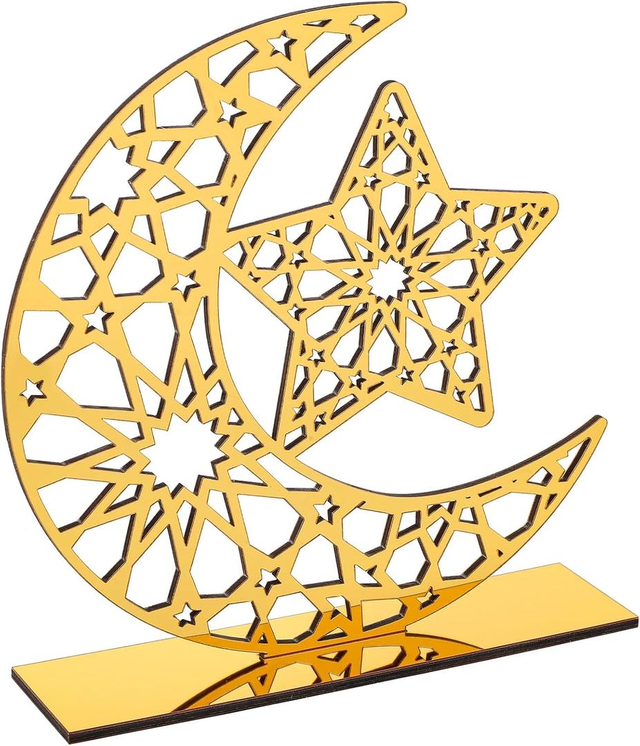 Acrylic Ramadan Decorations Islamic Eid Mubarak Kareem Table Sign Moon Hollow Star Ornament for Muslim Party Tabletop Decor Home Art Craft Decoration Golden Moon