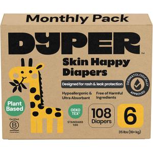 DYPER Monthly Pack Baby Diapers Size 6 (35+ lbs) 168 Count - Leak-Proof & Plant Based, Hypoallergenic and Ultra Absorbent Size 6 Diapers for Day and Overnight Skin Protection 