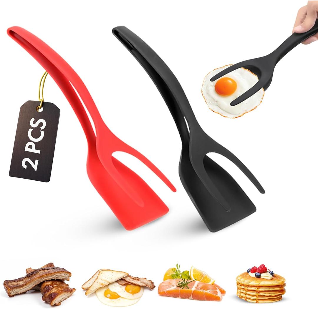 Egg Flipper Spatula Tongs (Set of 2)  Non-Stick 2-in-1 Grip & Flip Kitchen Tongs for Pancakes, Fish, Eggs, and More  Heat Resistant Cooking Tool (Black + Red)