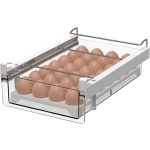 vacane Fridge 28 Egg Drawer Pull Out,Clear Egg Holder Tray for Refrigerator With Handle, Refrigerator Organizer Bins Heavy Duty-L With Egg Tray