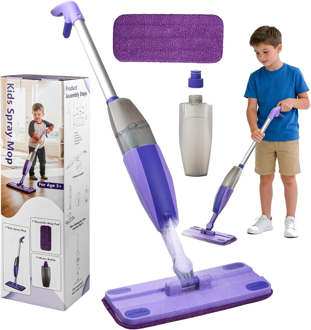 Kids Spray Mop - Mini Mop with Real Sprayer and Washable Microfiber Pad, Toddler Cleaning Set, Montessori Household Education Toys, Gift for Boys Girls Ages 3+, Compatible with Swiffer Wet Jet Pads (Purple)