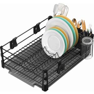 Simple Houseware Dish Drying Rack with Drainboard, Utensil Holder & Mug Hooks, Black Metal Kitchen Counter Organizer