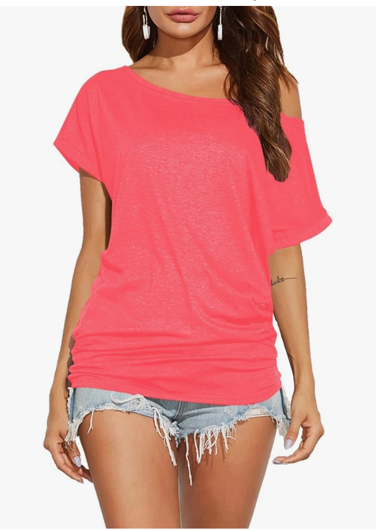 Women's Summer Off Shoulder Shirts Casual Loose Short Sleeve Tunics Tops Size S