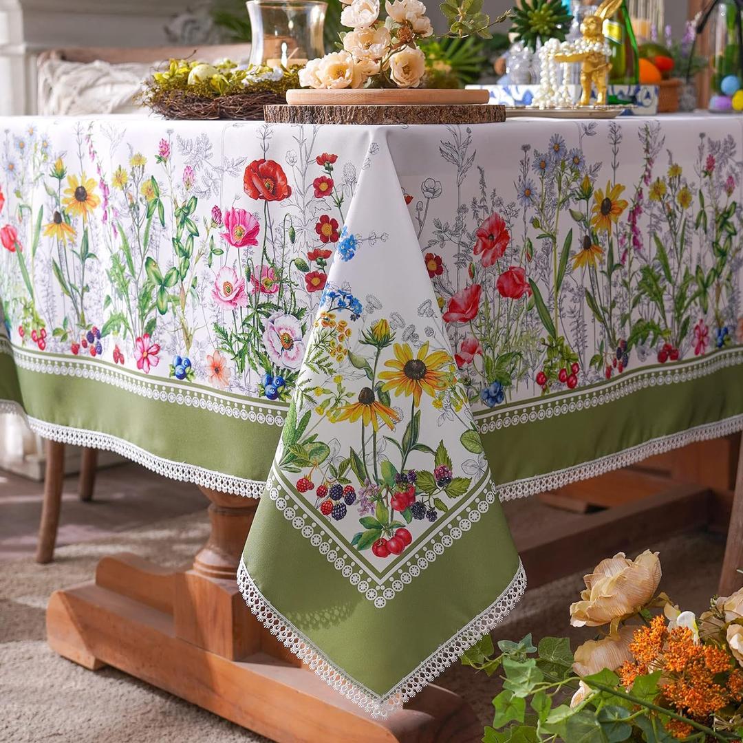 SUTAVIA Butterfly Floral Tablecloth Sunflower Wildflower Waterproof Fabric Embroidery Lace Farmhouse Decor for Spring Summer Home Dining Room Indoor Outdoor Picnic (Green Butterfly, 60"x120")