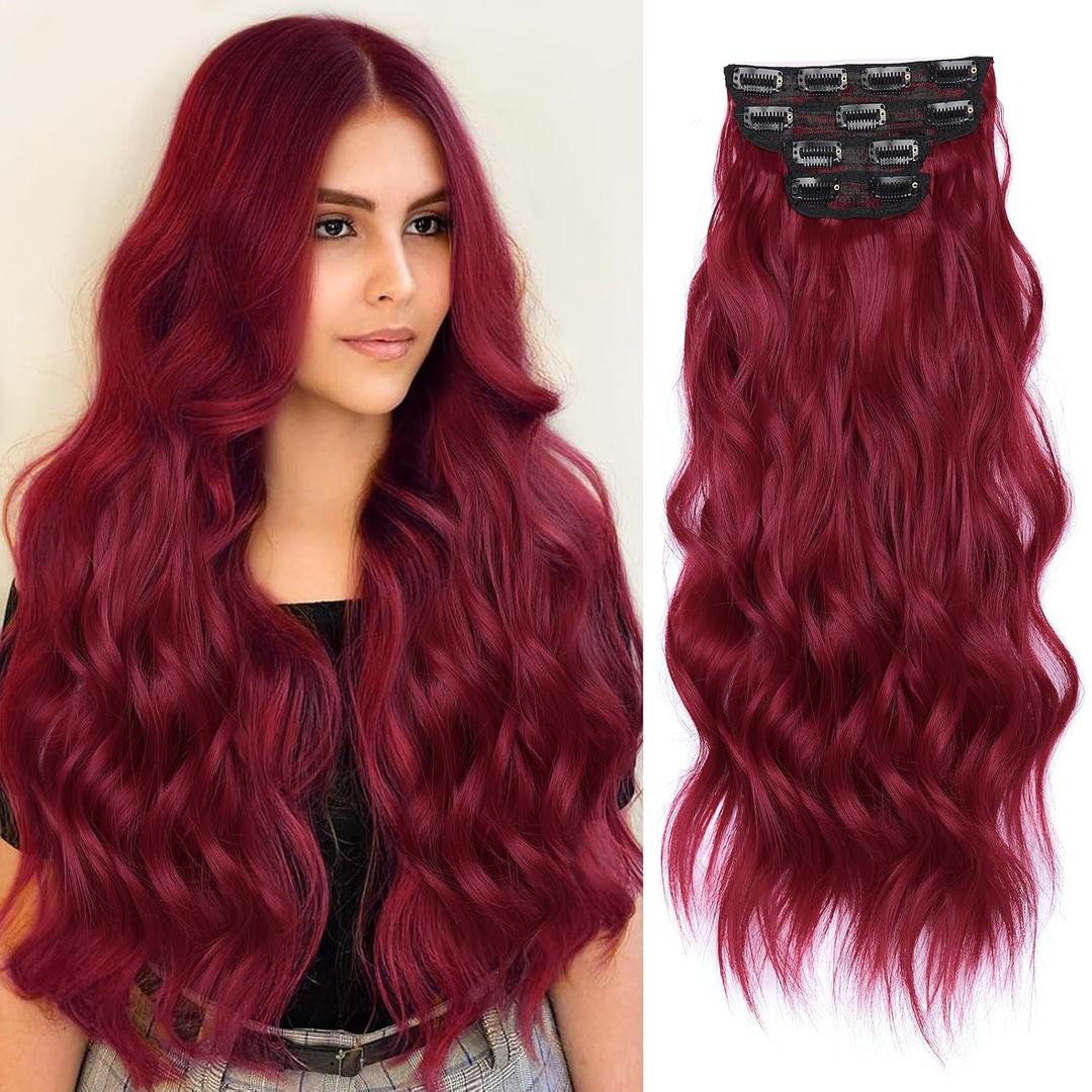 NOTICEME Clip in Hair Extensions, 22 Inch Long Wavy Red Synthetic Hair Extensions, 4PCS Thick Double Weft Clip Ins Hairpieces for Women (Red)