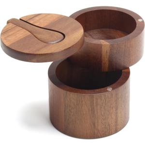 Salt Bowl with Spoon, 7oz Salt and Pepper Containers Triple Compartment, Small Acacia Salt Containers for Countertop, Salt Cellar for Kitchen