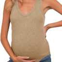 Tankaneo Womens Maternity Tank Tops Sleeveless V Neck Ribbed Knit Shirts | Summer Casual, Curved Hem Pregnancy Clothes, Fitted (Beige, L)