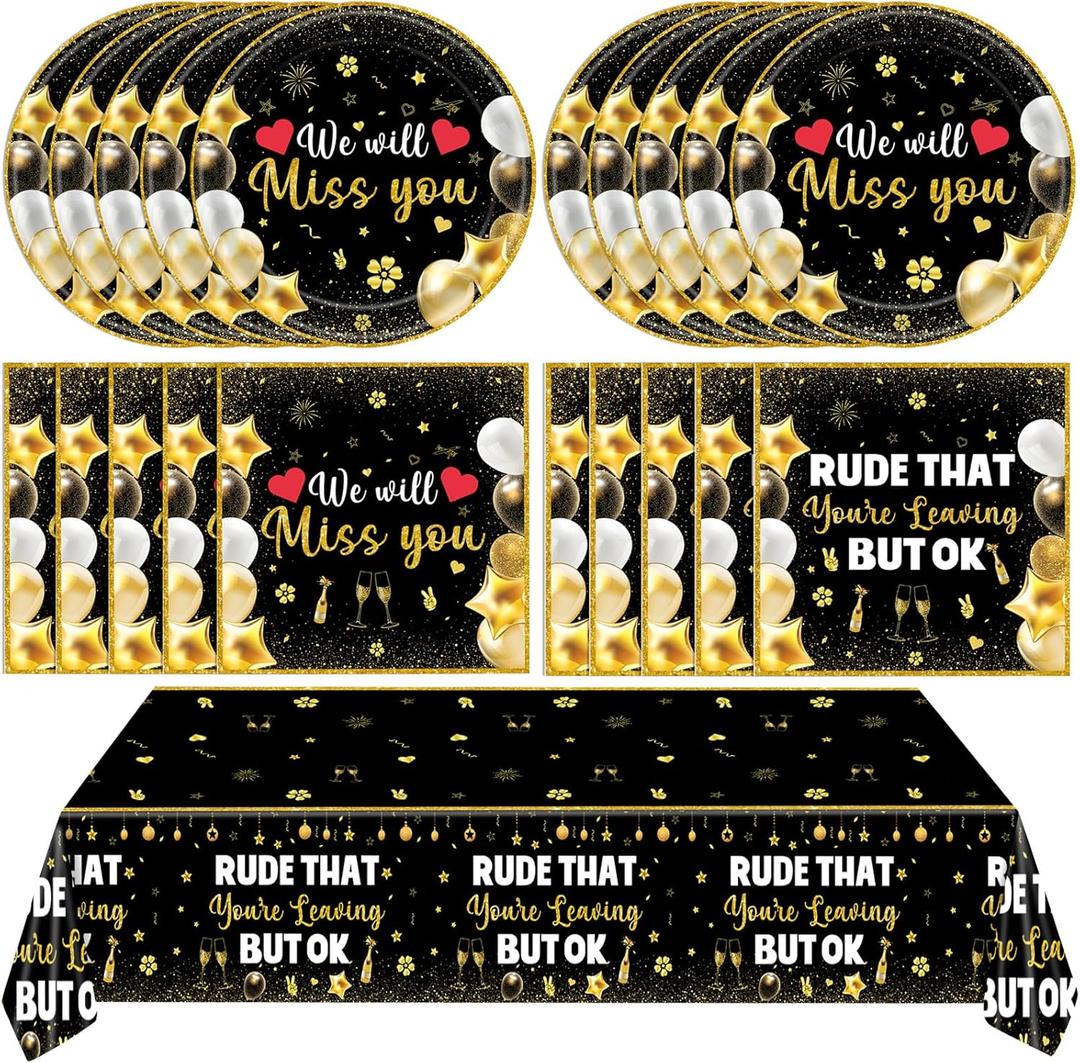 41Pcs We Will Miss You Decorations Rude That You'Re Leaving But Ok Party Supplies Black Gold Plates Napkins Tablecloth, for Coworker Leaving Farewell Retirement Goodbye Going Away Bon Voyage Party
