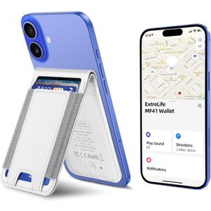 ExtreLife MagSafe Wallet, Work with Apple Find My, Magnetic Phone Wallet Stand for iPhone 17/16/15/14/13/12 Series, 8 Card Holder, RFID Blocking, Rechargeable, White