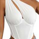 Avanova Women One Shoulder Mesh Corset Tops Cutout Boned Bustier Sexy Night Out Party Crop Top White Medium (White, M)