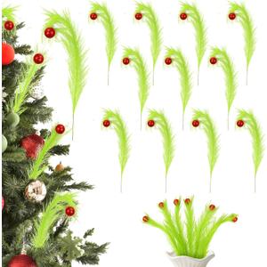 12 Pcs Christmas Tree Topper, 17'' Green Christmas Tree Picks with Red Ball, Curly Xmas Artificial Green Stems, Elf Ornaments, Christmas Tree Wreath Home Holiday Craft Decorations
