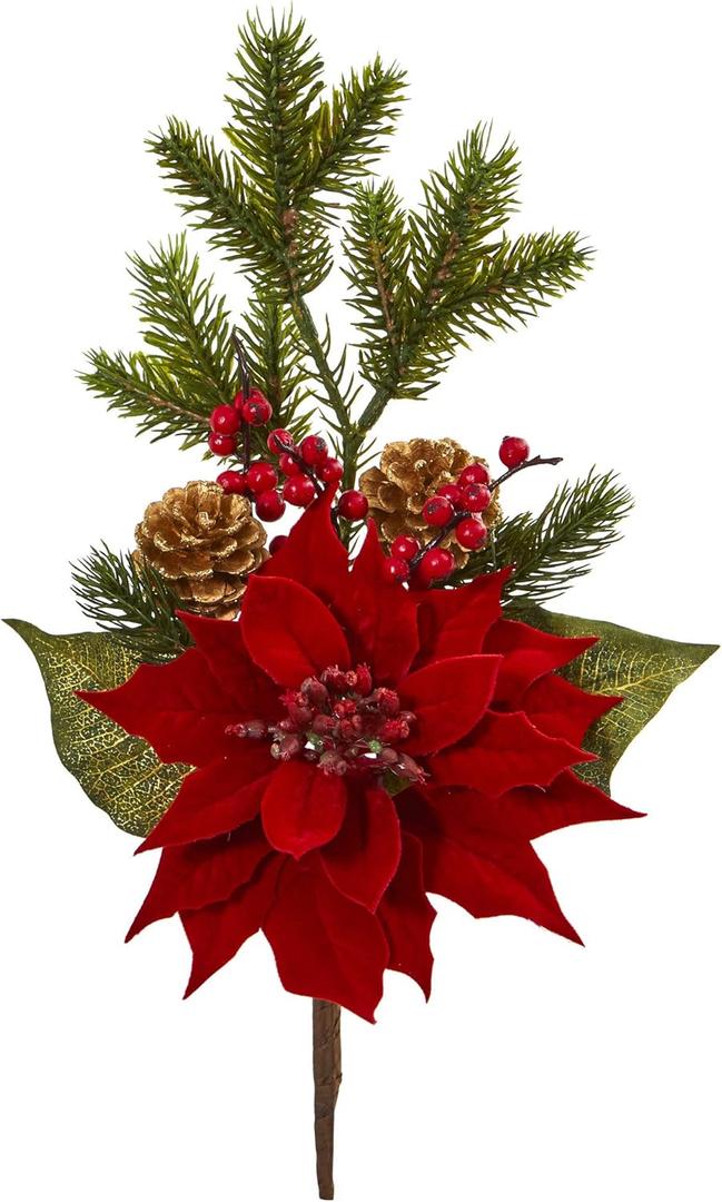 Nearly Natural 17in. Poinsettia, Berry and Pine Artificial Flower Bundle (Set of 6)