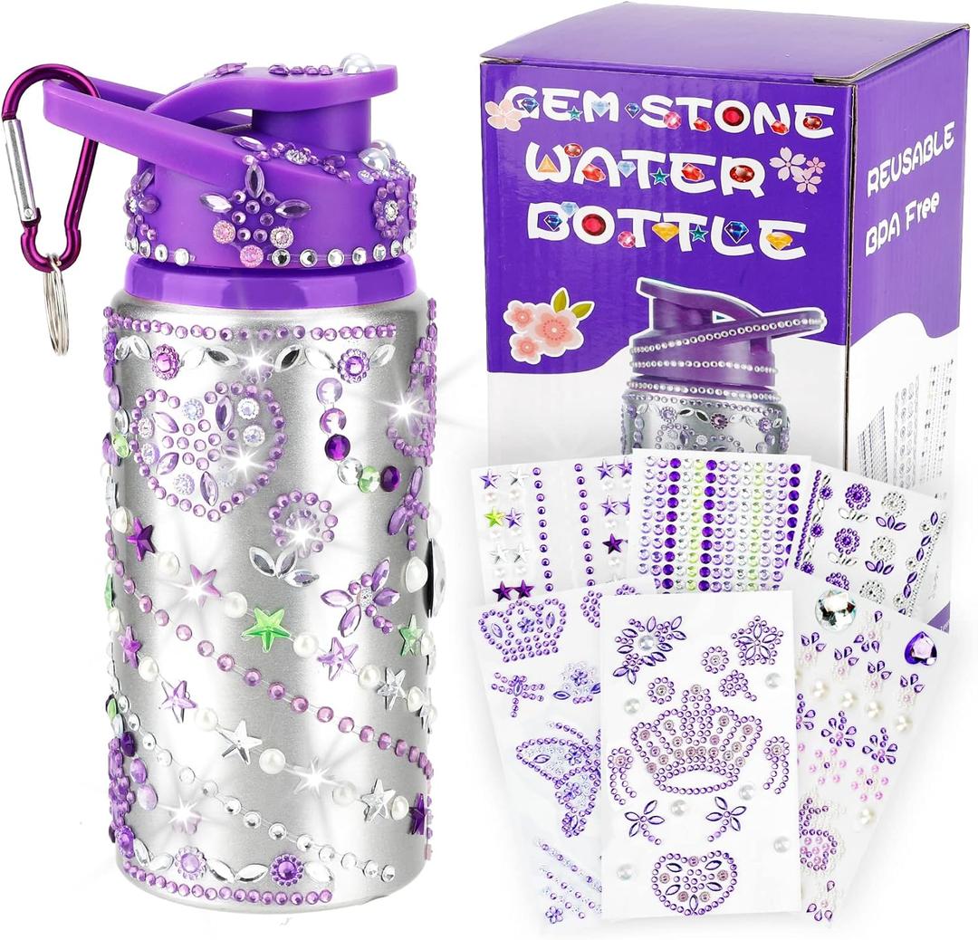 Gifts for Girls, Decorate Your Own Water Bottles with Gem Stickers, Personalize DIY Birthday Gifts for Girls Age 4 5 6 7 8 9 10, Fun Arts and Crafts Gift Ideas Toys for Kids Christmas School Gift (Purple)
