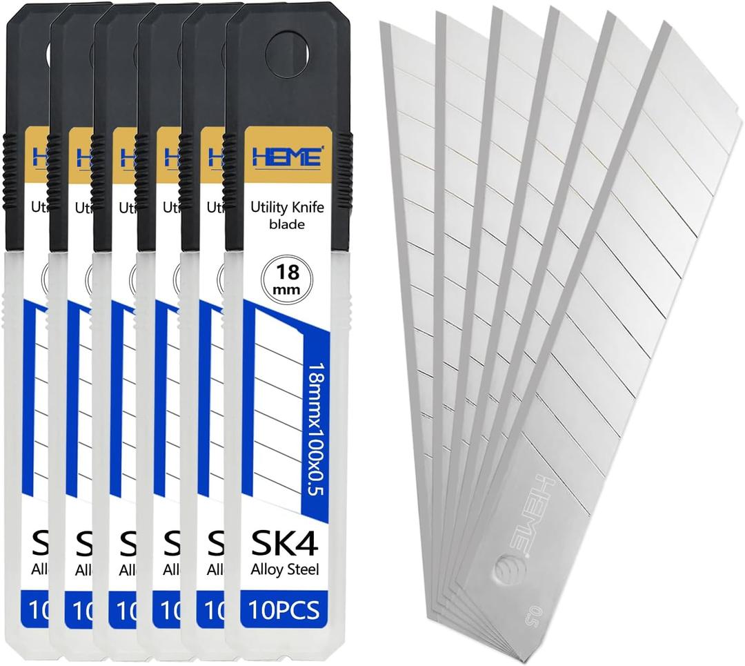 HIEMIE Tools 60Pcs 18mm Utility Knife Replacement Snap off Blades 60 DegreeBlades for Utility Knife and 18mm Box Cutter - Razor Sharp SK4 Steel