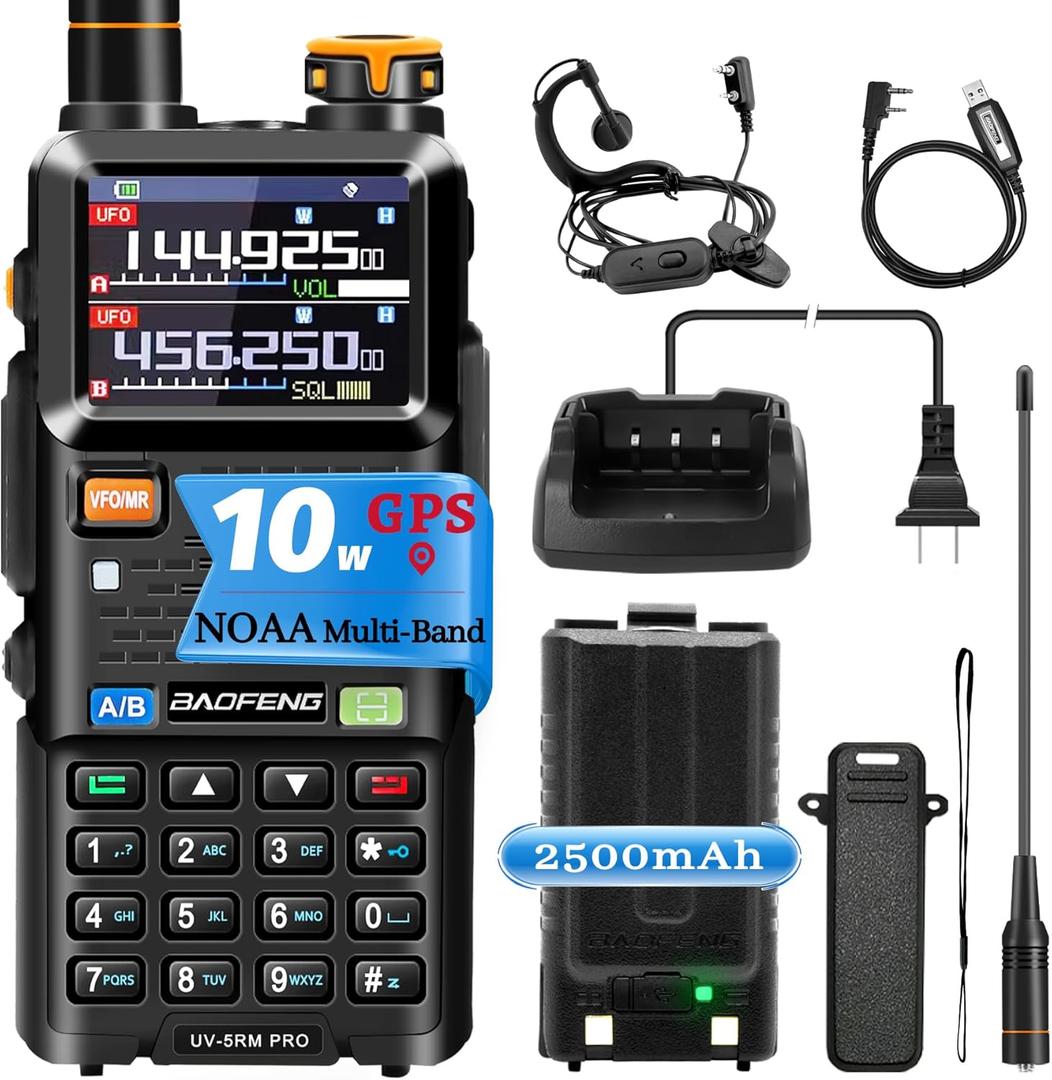 BAOFENG GPS Radio UV-5RM PRO: 10W Ham Radios Long Range, Multi-Band GMRS Handheld Radio 5RM PRO GPS Position Share and Request, Rechargeable Ham Radio with Type-C Charging 2500mAh Battery