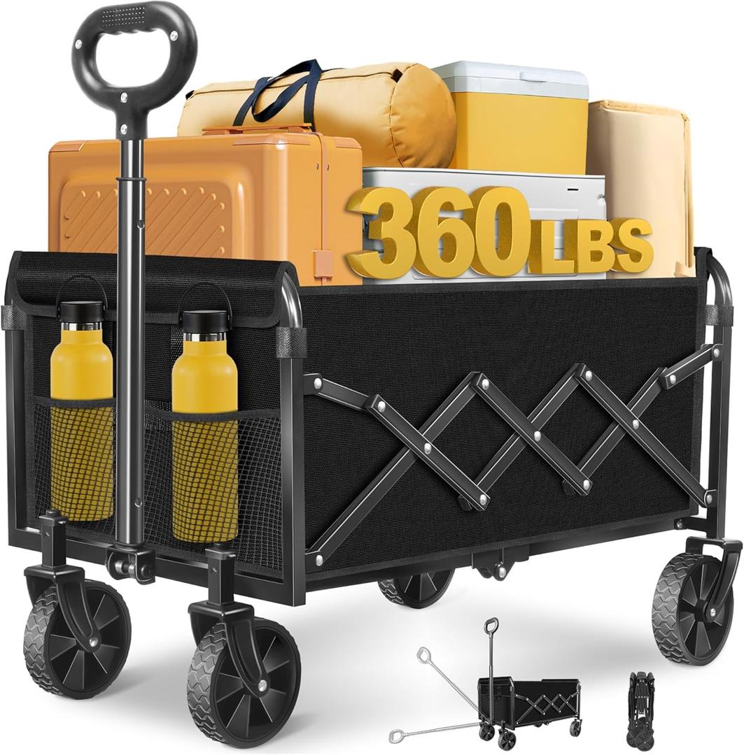 Collapsible Wagons Carts Foldable Wagon, Folding Wagon Cart with All-Terrain Wheels & 2 Cup Holders, Lightweight Portable Foldable Folding Wagons for Beach Camping Grocery Sports Garden, 360 LBS/Black