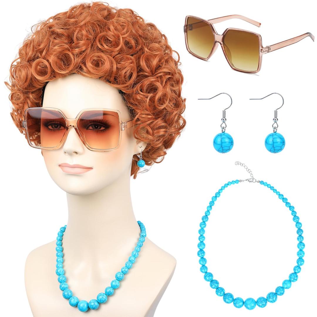 Women Red Orange Costume Wig with Glasses Necklace and Earrings Short Curly Afro Hair Wigs for 70s Romp Cosplay Halloween Party (Orange)