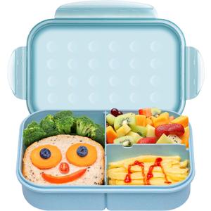 Itopor Leak-Proof Lunch Box Blue 1300ml, Wheat Fiber BPA-Free 3-Compartment Bento Box for Kids & Adults, Includes Utensil, for School, Office & Picnic, Microwave & Dishwasher Safe