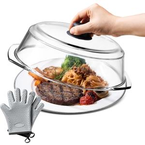 Glass Microwave Splatter Cover for Food Plates & Cookware with Oven Mitts, Borosilicate Glass Splatter Lid Guard with Vent Hole & Easy Grip Silicone Handle, 100% BPA Free & Dishwasher Safe