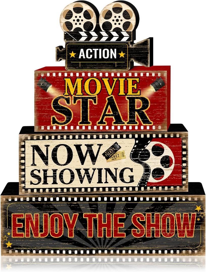 Britimes 4 Pcs Movie Night Table Decor Christmas Tiered Tray Decorations Set Movie Star Stack Block Signs Gift Rustic Farmhouse Tabletop Decor for Table & Home Office