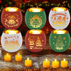 VIHOSE 6 Set Christmas Votive Candle Holders Xmas Red Green White Glass Tea Light with LED Battery Operated Candles Flameless Lights Christmas Table Decorations for Home Table Centerpiece Decor Gifts