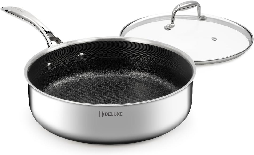 DELUXE Hybrid Ceramic Nonstick 5 Qt Deep Saut Pan with Lid, Stainless Steel Skillet with Stay-Cool Handles, Dishwasher and Oven-Safe, PFOA Free Deep Frying Pan, Compatible with All Cooktops