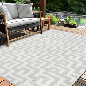 Outdoor Patio Plastic Straw Rug - 5'x8' Outdoor Camping Rug Waterproof Reversible, Area Carpet Patios Clearance RV, Outside Porch Balcony Deck for Camper, Grey & White