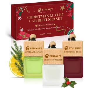 Car Air Freshener Hanging, 3 Pcs Christmas Tree, Christmas Wreath, Vanilla Bean Noel, Christmas Scent Air Fresheners Diffuser for Car, 45+ days Long Lasting Fragrance, 0.27 FL OZ/8ML